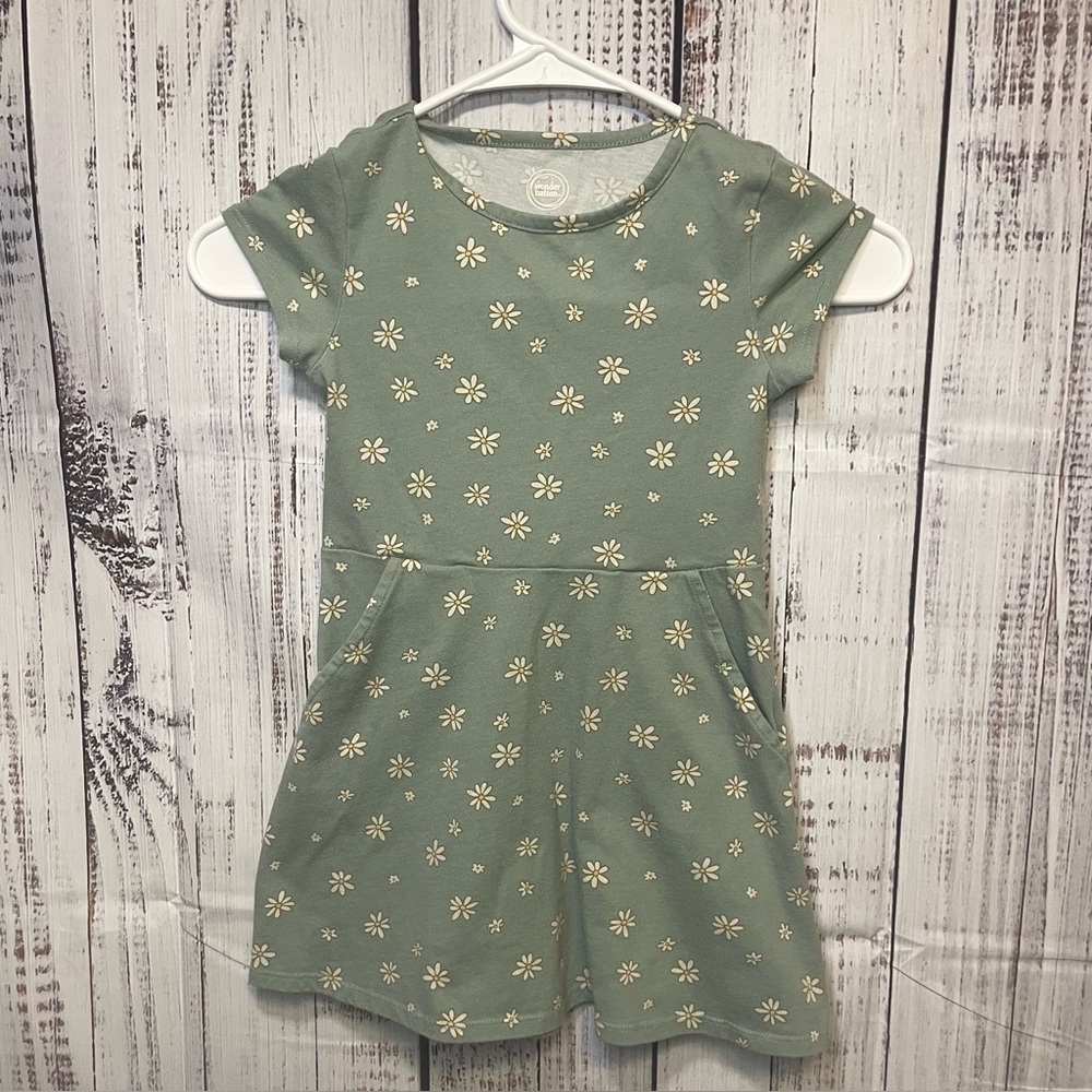 Wonder Nation Girls Daisy Dress Green Floral XS 4/5 Short Sleeve‎